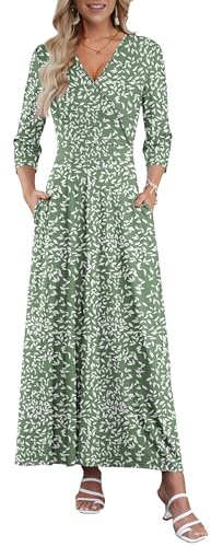 AUSELILY Maxi Dresses for Women 3/4 Sleeve V Neck Wrap Casual Loose Floral Long Dresses with Pockets All-Season