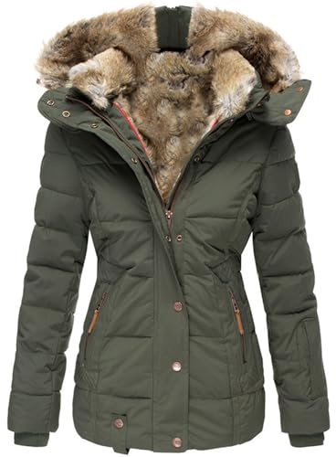 SUIUOI Abrigo de invierno para mujer – Chaqueta acolchada con capucha de piel sintética, abrigo largo entallado con capucha con cremallera, chaqueta de invierno para mujer, para uso diario, exterior y