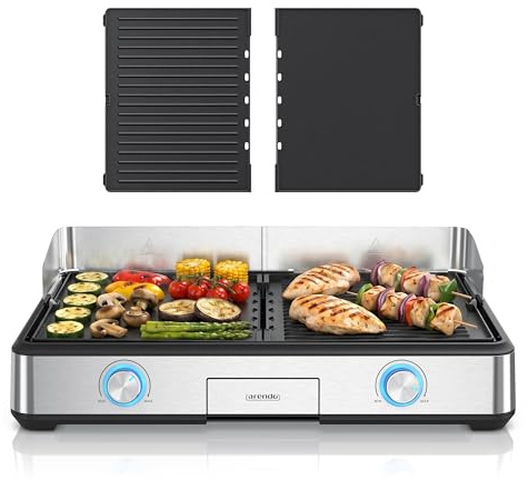 Arendo - Tischgrill elektrisch mit 2 Grillzonen - Electric grill 2 Thermostate - Elektrogrill Edelstahl – 2800W Leistung – Antihaft-Beschichtung –Spritzschutz – Für Balkon Küche Terrasse Garten