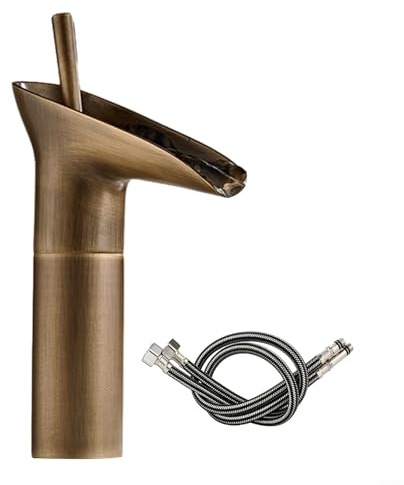 Grifo de cobre sobre encimera con estética retro y boquilla de cascada para mezclar agua fría caliente en configuraciones de lavabo (oro corto)