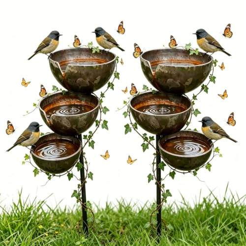 Recogedores De Lluvia para Jardín, Recogedor De Lluvia De Bronce con Estaca para Jardín, 68 X 12 X 5 Cm, Bebedero para Pájaros En Cascada De 3 Niveles Y Estación De Agua para Abejas (2PCS)