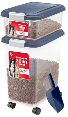 Iris Ohyama, Boîte à Croquette Plastique hermétique pour Animaux avec Roues, Pelle et Couvercle à Rabat, Lot de 2, 35L, MP-8/MP-1, Bleu Gris