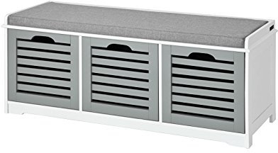 SoBuy FSR23-HG Moderne Schuhtruhe Sitzkommode mit 3 Körben(grau) Sitzbank Schuhschrank mit Sitzkissen Spieltruhe weiß mit grau