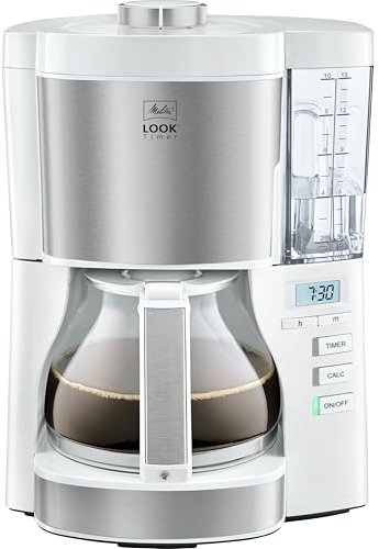Melitta Look V Timer 1025-07 Cafetière filtre programmable, 10 à 15 tasses, réservoir d'eau amovible et programme de détartrage, Blanc / Inox