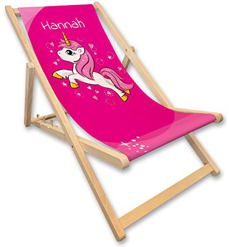 Unikatolo Liegestuhl mit Name, Einhorn, pink, rosa, Mädchen, Strandstuhl, Gartendeko, Kinderzimmer, Geschenkidee Schulanfang
