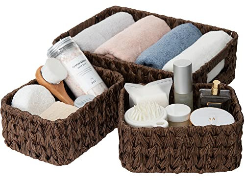 GRANNY SAYS Körbe Aufbewahrung Geflochten, 1 Großer und 2 Kleine Aufbewahrungskörbe für Regal, Badezimmer, Wicker Baskets, Flechtkörbe - Braun