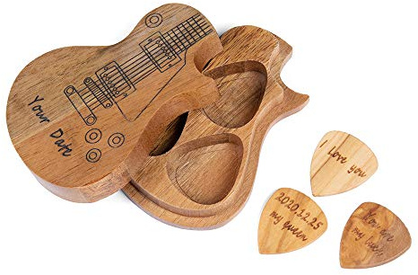 Glooraca Gitarrenplektren aus Holz mit Etui, 3 Stück Gitarrenplektren und Etui, graviertes Geschenk für Akustikgitarre, E-Bass, Ukulele, praktisches Musikinstrument, Teil des Schulabschlusses
