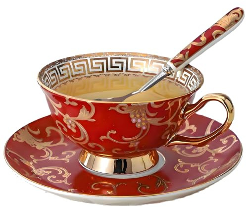 Porzellan-Teetasse, Kaffeetassen-Set für Nachmittagstee, Knochenporzellan-Kaffeetasse für Frühstück, Zuhause, Küche, Tassen und Untertassen, Sets mit Löffeln, 200 ml