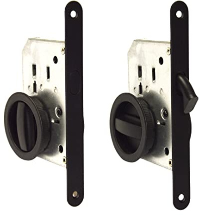 BricoShopping® Ensemble de poignées pour porte intérieure en bois, escamotables, porte coulissante, avec serrure intégrée, crochet, butoir, buse ronde, acier (rond C/serrure, Noir)