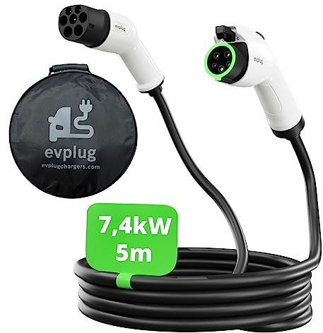 evplug Câble de Recharge Type 1 pour Voitures électriques EV (Type 2 - Type 1 | 5m, 7,4kW | 32A)