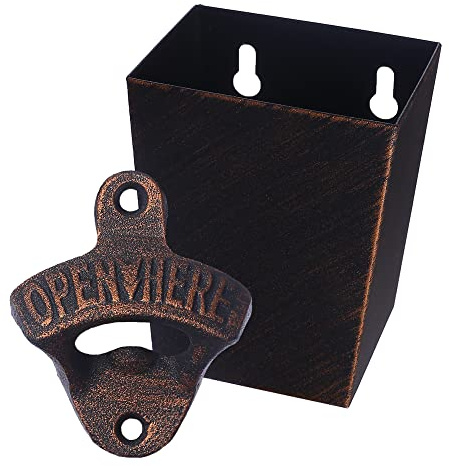 Jumiok Antique Copper Cast Iron Beer Bottle Opener Wall Mounted Soda Drink Bottle Top Opener with Cap Catcher Narrow for Table Cooler Post