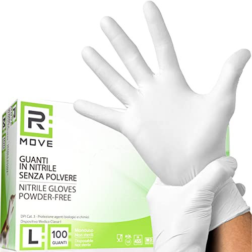 RMOVE Lot de 100 gants en nitrile blancs sans poussière, sans latex, hypoallergéniques, gants jetables pour esthéticiennes, tatoueurs, milieux médicaux, gants alimentaires (L, blancs)