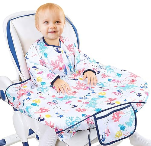JinBei Baby Bibs with Sleeves,Toddler Feeding Bibs Coverall Long Sleeve Baby Apron for Painting,Waterproof Adjustable Wipe Clean Attaches to Highchair Weaning Bibs for Girls 6 Month to 5 Years,White