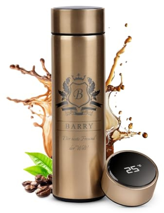 Maverton Thermosflasche 450 ml mit Gravur - Kaffeebecher mit LED-Temperaturanzeige - Reisebecher aus Edelstahl 100% dicht - Thermobecher für Männer - Farbe: Gold - Wappen