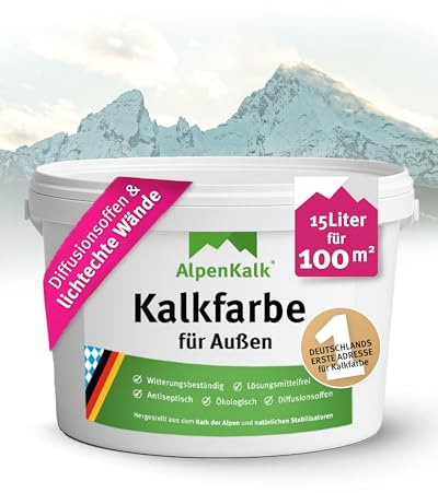 AlpenKalk Fassadenfarbe Weiß I 15 l für ca. ca. 100 m² I Mineralische Kalkfarbe für Fassade & Außenwand I Atmungsaktive Wandfarbe gegen Algen & Pilze I Lichtecht, langlebig & wetterfest