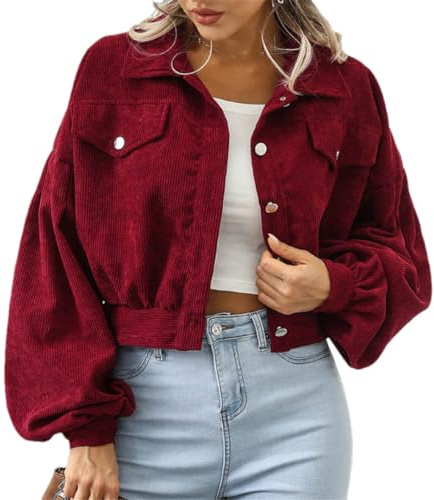 Tdvcpmkk Damen Jacken Ballonärmel Tops Kurze Bomberjacken Mäntel Mäntel Damen Cordjacken, Burgunder, S
