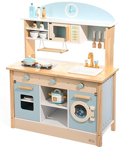 ROBUD Kinder Holzspielküche,Küchenspielzeug,Spielzeugküche,für Jungen und Mädchen ab 3 Jahren,Geburtstags, Geschirr und Gewürzen