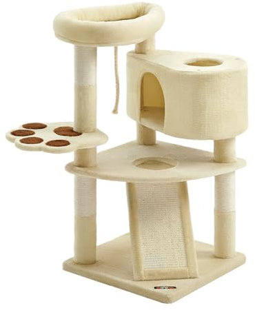 Feandrea Kratzbaum, Katzenbaum niedlich, mit Plattform, Höhle, Kratzrampe, mehrstöckig, Katzenkratzbaum mit Kratzsäulen, für Katzen bis zu 7 kg, 49 x 49 x 95 cm, einfache Montage, beige PCT40M