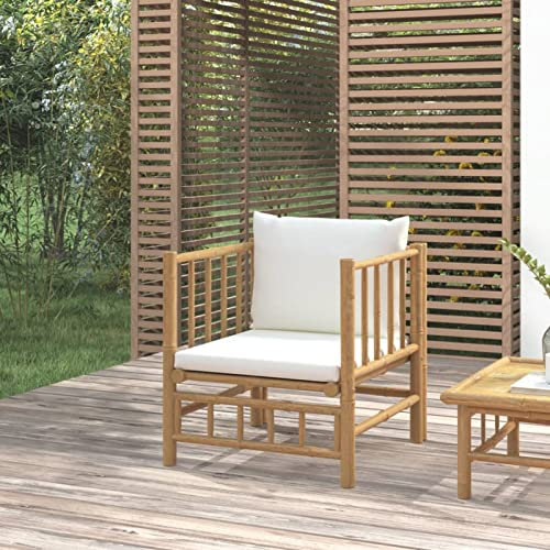 Rantry Gartensofa aus Bambus mit Kissen in Cremeweiß, Mittelsofa, Gartenmöbel, Terrasse, Hof, Balkon, modulare Outdoor-Sofas