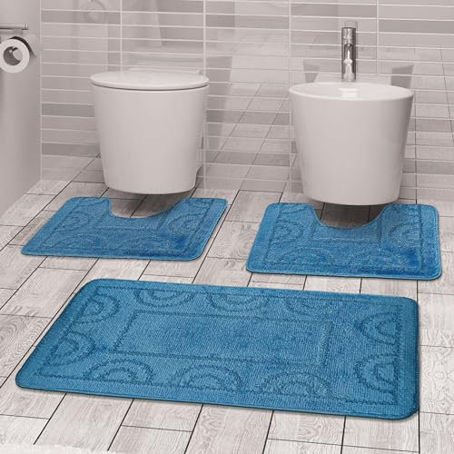 Comart - Juego de alfombras Nicole de baño - Tres Piezas - Alfombrilla Rectangular de 50 x 80 cm + Dos Alfombrillas para Inodoro de 50 x 40 cm - Trío Antideslizante de Secado rápido - Transpirables