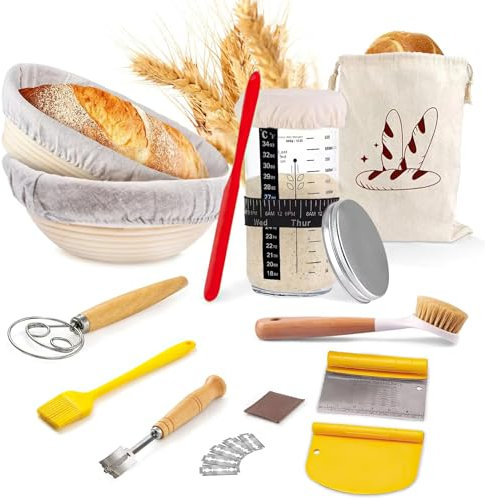 Kixiyou Set di 2 cestini per la lievitazione, set di base per lievitazione e set completo di accessori da forno, set iniziale per pasta acida (23 cm rotondo e 25 cm ovale) per principianti