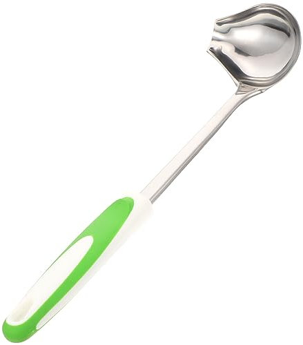 SHOWERORO Stainless Steel Sauce Spoon with Non-Slip Handle Green Polished Gravy Ladle Unique Side Pour Spout Kitchen Soup Spoon for Cooking and Serving