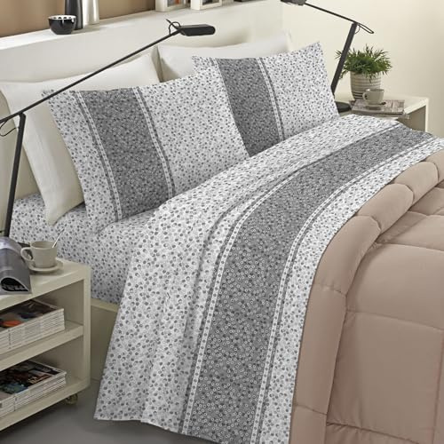 Banzaii Completo Lenzuola Matrimoniale Invernale in Flanella Felpate 100% Cotone Anti-Pilling 2 Piazze Jenny Grigio