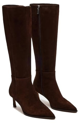 MICIFA Kniehohe Stiefel mit Kätzchenabsatz, seitlicher Reißverschluss, hohe Lederstiefel, spitzer Zehenbereich, Herbstkleid, Burgunderrot, Braun Wildleder, 37.5 EU