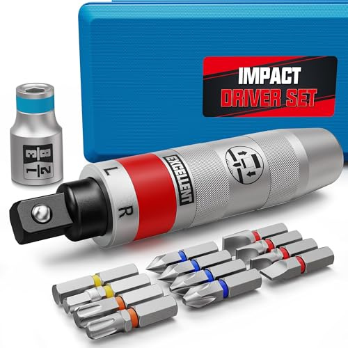 Arwealxs 13 Piece 1/2 Drive Manual Impact Driver, Reversible Hand Impact Screwdriver Set with Slotted, Hex, Phillips Bit Kit, for Tighten and Rusted Fasteners or Frozen Bolts, with Storage Case