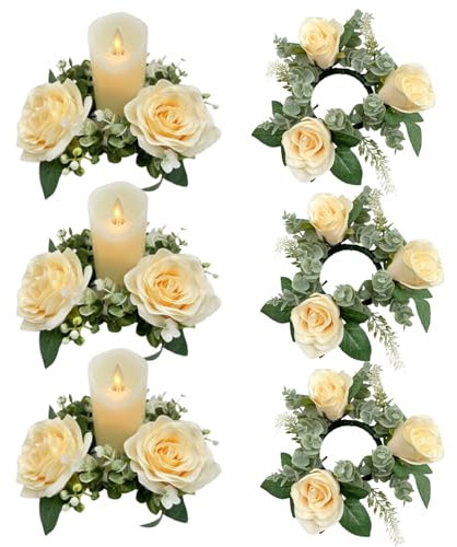 Kerzenkränze Ringe 6pcs 7, 9 Zoll künstliche Rosenblumenkerzenringe für Säulen, kleine Blumenkranzhalter -Hochzeitsmittelstücke zum Essen, Champagner, dekorative Laternens