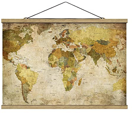 micasia Stoffbild Weltkarte Wandbehang inkl. Holzfurnier & Kordel Wanddeko - Made in Germany - Landkarte Retro Vintage grün Wohnzimmer Schlafzimmer Bild 4116 (100x66,5cm)