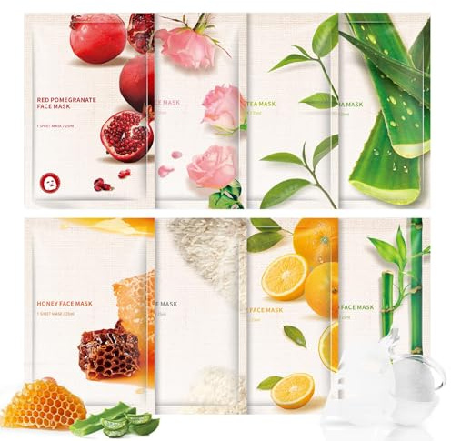 AOPEIBOTO Face Masks Skincare, Pack of 8 Sheet Mask, Face Mask Set, Face Masks Beauty for All Skin Types with Vegan Plant Extracts, Hydrating, Moisturizing