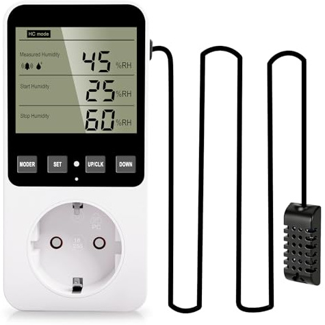 Feuchtigkeitsregler Temperaturregler Steckdose, 230V mit Fühler 16A Digitaler Hygrostat Feuchteregler für Drinnen, Gewächshaus, Aquarium