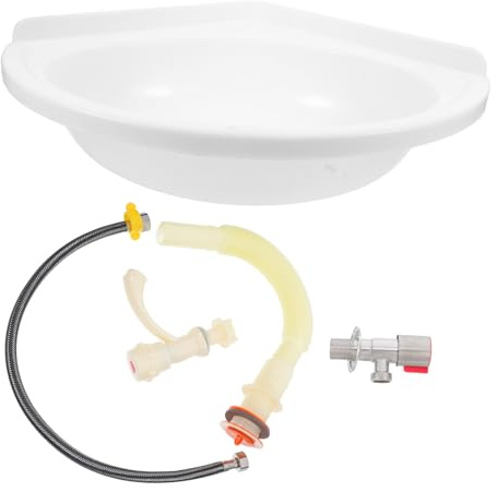 Operitacx Wall-Mounted Plastic Corner Washbasin Triangular Design, Including Drain Pipe, Faucet, Hose, and Angle Valve, Space-Saving Hand Sink for Bathroom and Laundry Use