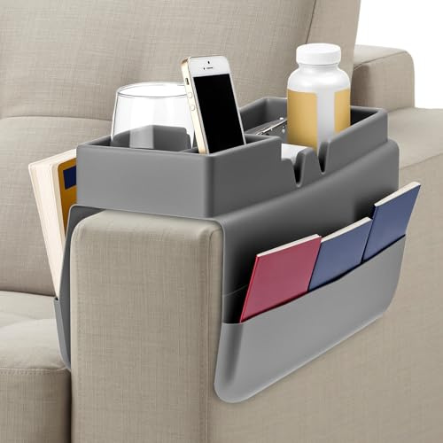 QWORK® Couch Cup Holder, Anti-Slip Silicone Sofa Arm Tray, with Dual Side Pockets, For Storing Drinks, Phones, Tablets, Remote Controls, Gray