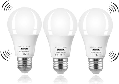 KOOYWAN 9W LED Lampe mit Bewegungsmelder 2700K Warmweiß 3 Stück | Radar- und Lichtsensor. Kein Dauerlicht ohne Bewegung. Gute Wärmeableitung und 25000H Lebensdauer. Für Flur und Garage.