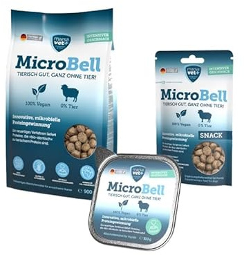 Marsavet MicroBell – Vegan Dog Food Set with Microbial Protein: Dry dog food 900 g, grain-free dog treats 100 g, and vegan wet dog food 300 g. Hypoallergenic & gluten-free.