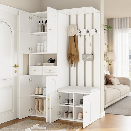 Moimhear Garderobenset, Wandgarderobe, Garderoben Set mit Schuhbank und schuhrank, 4 Haken, 6 Türen, 2 Schublade, Weiß (B110×H180×T37cm)