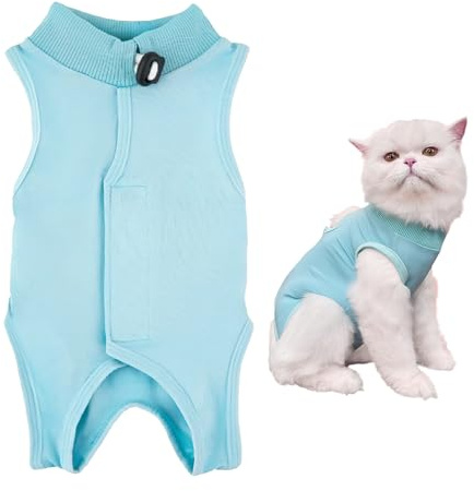 Samlonge Traje de Recuperación para Gatos, Transpirable Body Gata Esterilizacion Traje de Recuperación Quirúrgica para Gatos, Heridas Abdominales o Enfermedades de la Piel (Azul, Large)