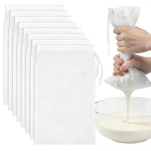 8 sacchetti per latte di noci, panni a maglia fine, sacchetti per filtro in nylon, lavabili per scanalature, filtro a maglia fine con coulisse, per latte di noci, formaggio, caffè, yogurt, succo di