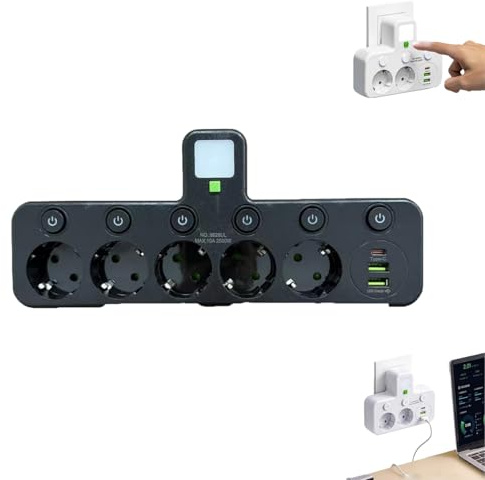 Trådlöst grenuttag, med nattlampa multifunktionell adapteruttagslist, enkel strömbrytarkontroll, 2/3/4/5 kortplatser 2 Type-C 1 USB-port (5 uttag, svart)