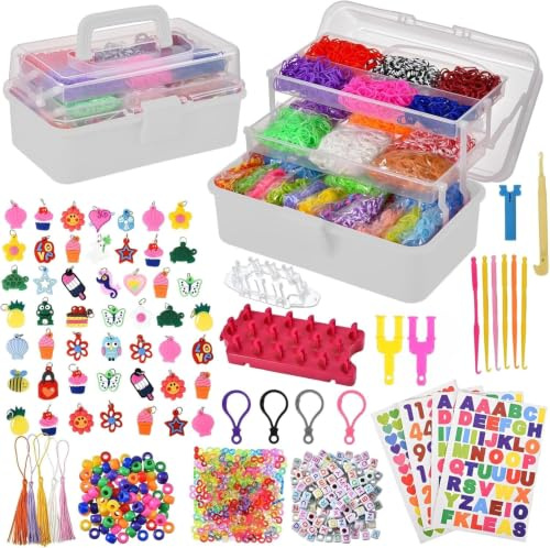 Tuilful Kit de fabrication de bracelets avec breloques, outils et boîte de rangement rose à 3 couches – 30 couleurs vives – Cadeau pour filles et garçons (blanc)