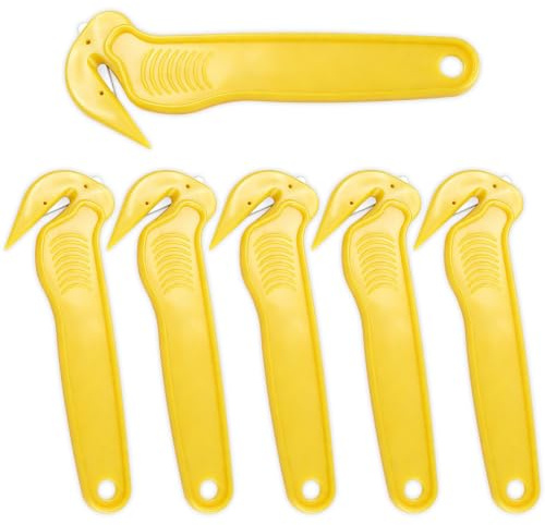 6pcs Yellow Box Cutter, Box Opener Tool for Warehouse, Cardboard, Packaging | Safety Box Cutter for Slitting Bubble Wrap, Stretch Film, Foam and Other Plastic Material, Compact Handheld Safety Cutter