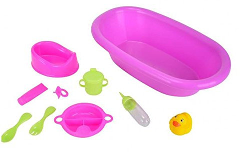 Simba 105562128 - New Born Baby Puppenbadewanne, 2-Fach Sortiert, Badewanne mit Töpfchen, Ente, Flasche, Schnuller und Zubehör, 10 Teile, 39cm, ab 1 Jahr