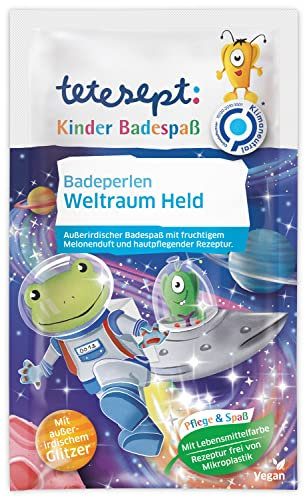 tetesept Kinder Badespaß Badeperlen Weltraum Held Bad – Bunter Kinder Badezusatz für außerirdischen Spaß in der Badewanne - Kinderbad mit Glitzer, Melonenduft und hautpflegender Rezeptur – 8 x 60 g