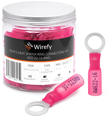 Wirefy Heat Shrink Ring Terminals 1/4 - Marine Grade Terminal Connectors - Waterproof Eyelet Wire Connectors - Red 22-16 AWG - 150 PCS
