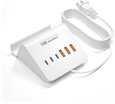 VHBW USB Charging Station, 6 Port 3USB-A and 3USB-C Charging Station for Multiple Devices, Multi USB Nightstand Charger Station with Phone Stand (ETL Listed, 6Ft Extension Cord, White)