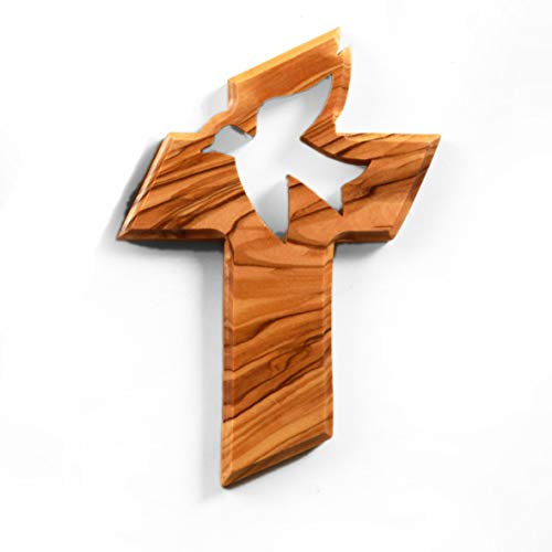 Kassis Geschenkartikel Crocifisso da parete in legno d'ulivo risorto da appendere in Betlemme per cresima, battesimo, comunione, 13 x 9 cm (Colomba della pace, senza incisione)