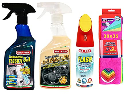 Ma-Fra Kit Trattamento Auto Interno ED Esterno. FLASH pulitore con spazzola- Trattamento 3IN1 TESSUTI- PLASTICHE,INSIEME 7 PANNI MICROFIBRA MULTIUSO 30x35 cm