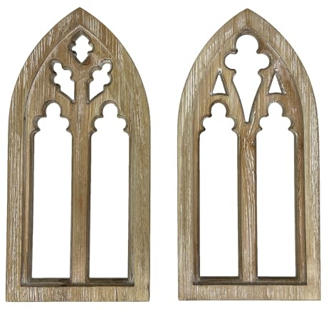 Whitewashed Wood Gothic Arch Window Frame Wall Decor 2 Piece Set | Decorative Cutout Window-Frame Design, Beveled Center Edges, Visible Grain and Knot Patterns